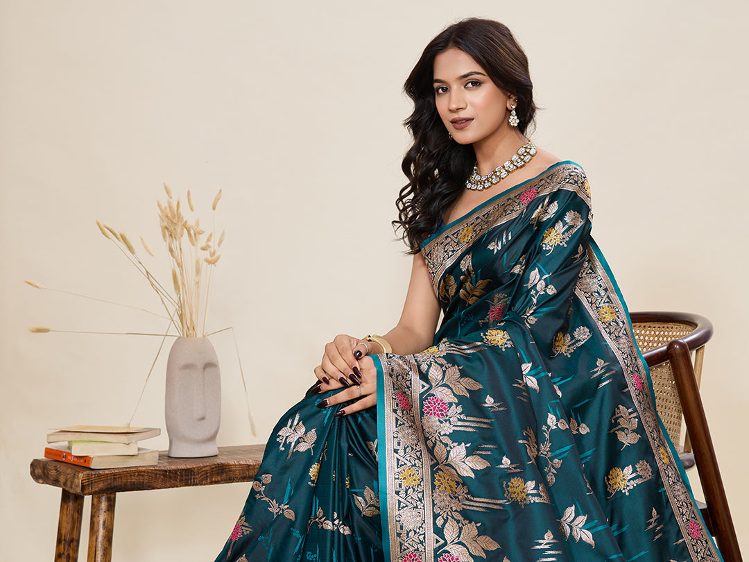 Vedant Vastram Soft Litchi Silk Banarasi Silk Jacquard Saree - Firozi | Grocsy