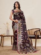 Vedant Vastram Soft Litchi Silk Banarasi Silk Jacquard Saree - Maroon | Grocsy