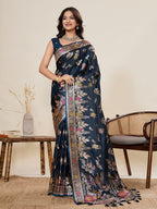 Vedant Vastram Soft Litchi Silk Banarasi Silk Jacquard Saree - Navy Blue | Grocsy