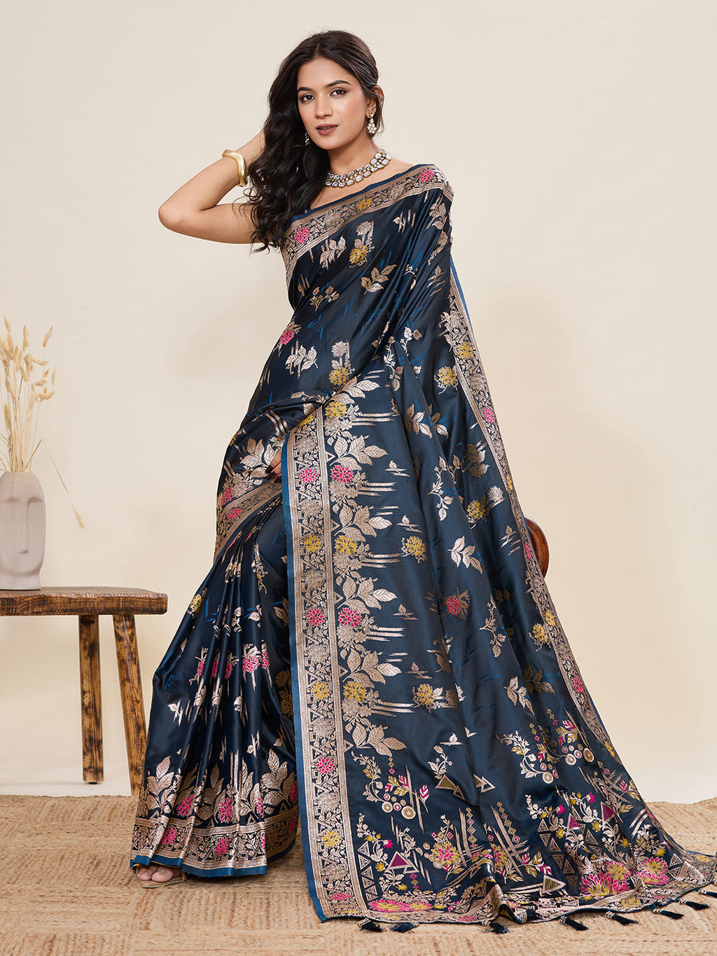 Vedant Vastram Soft Litchi Silk Banarasi Silk Jacquard Saree - Navy Blue | Grocsy