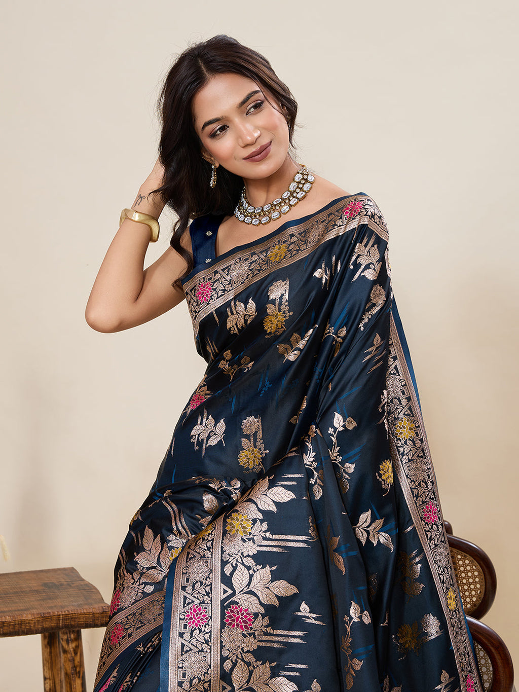 Vedant Vastram Soft Litchi Silk Banarasi Silk Jacquard Saree - Navy Blue | Grocsy
