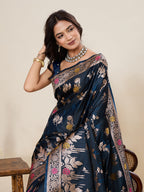 Vedant Vastram Soft Litchi Silk Banarasi Silk Jacquard Saree - Navy Blue | Grocsy