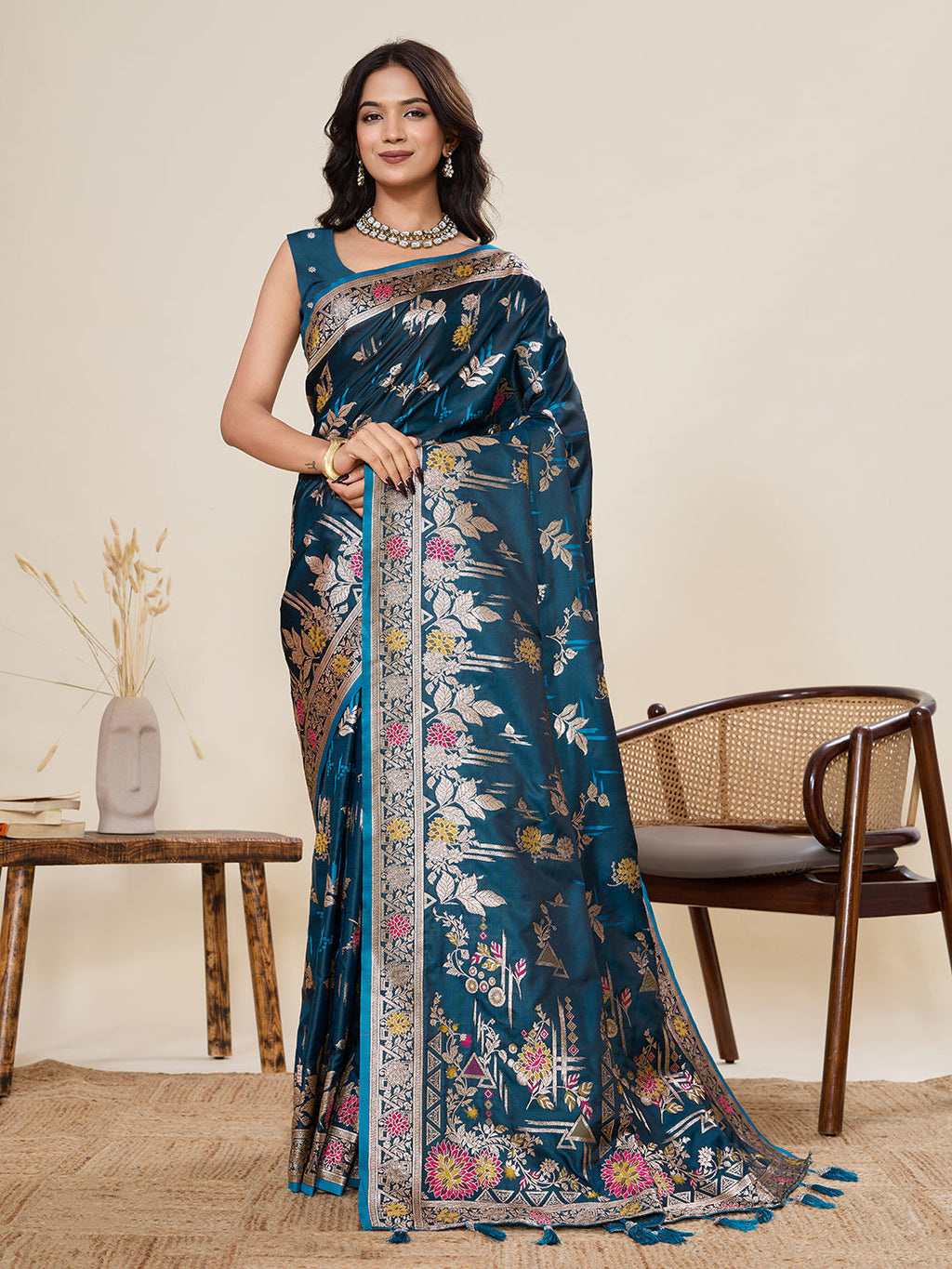 Vedant Vastram Soft Litchi Silk Banarasi Silk Jacquard Saree - Rama | Grocsy