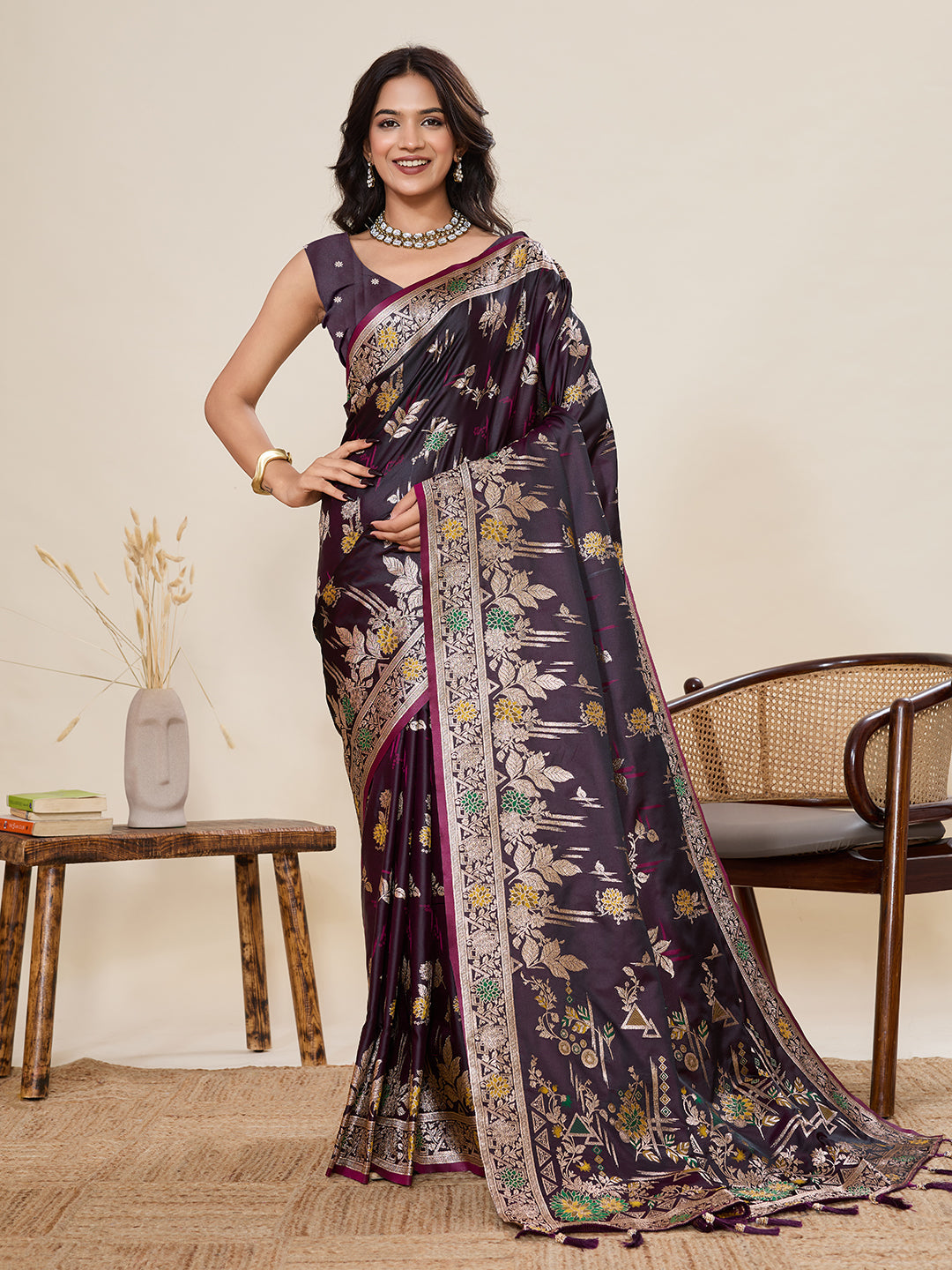 Vedant Vastram Soft Litchi Silk Banarasi Silk Jacquard Saree - Wine | Grocsy