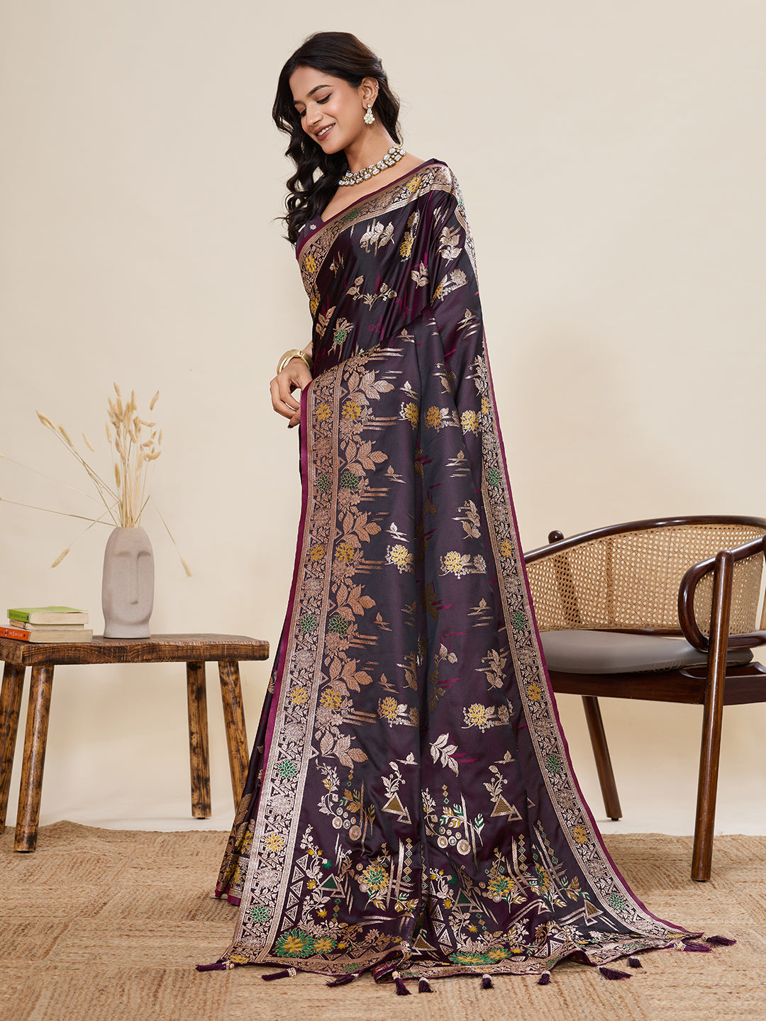 Vedant Vastram Soft Litchi Silk Banarasi Silk Jacquard Saree - Wine | Grocsy