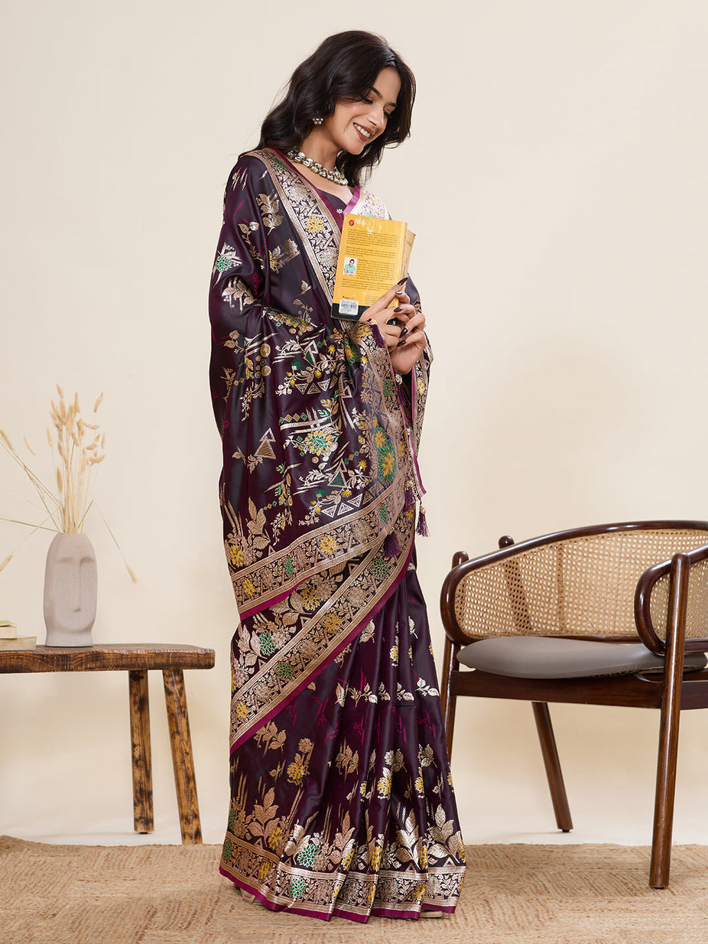 Vedant Vastram Soft Litchi Silk Banarasi Silk Jacquard Saree - Wine | Grocsy