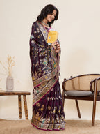 Vedant Vastram Soft Litchi Silk Banarasi Silk Jacquard Saree - Wine | Grocsy