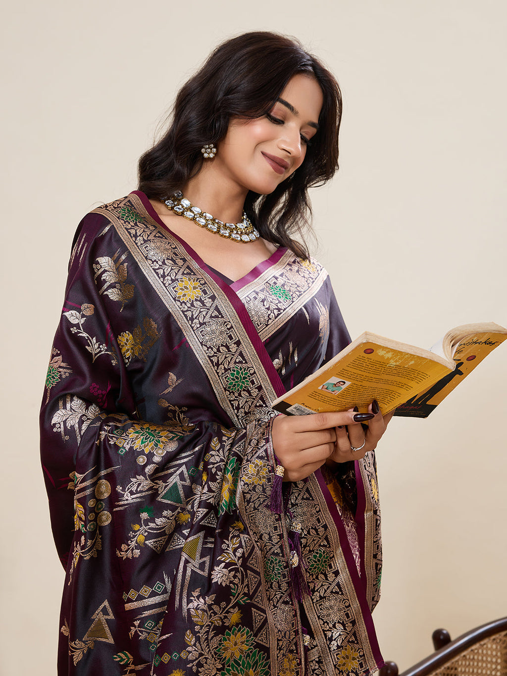 Vedant Vastram Soft Litchi Silk Banarasi Silk Jacquard Saree - Wine | Grocsy