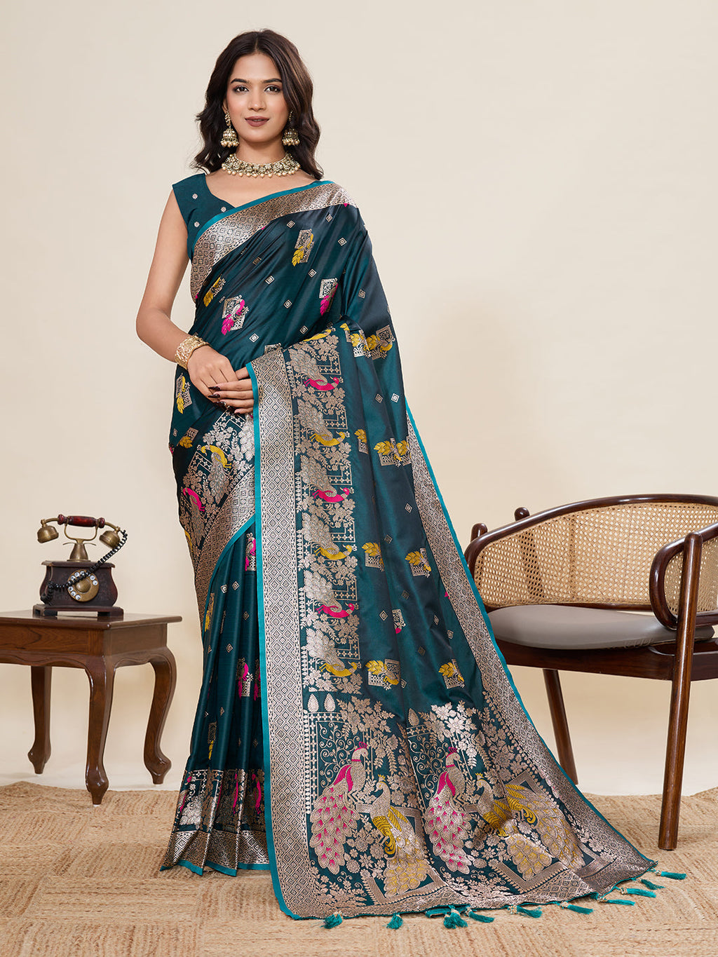 Vedant Vastram Soft Litchi Silk Banarasi Silk Jacquard Saree - Firozi | Grocsy