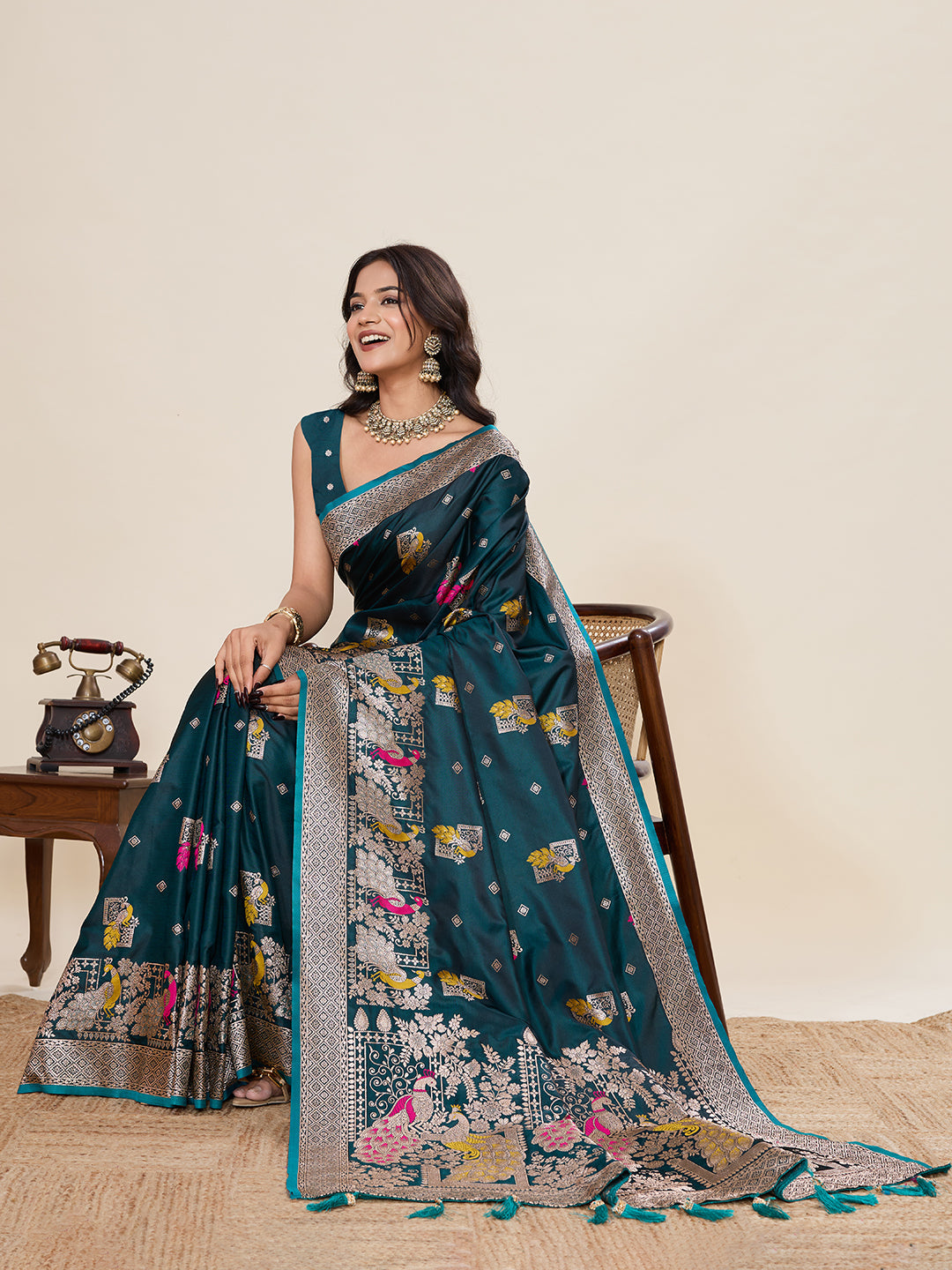 Vedant Vastram Soft Litchi Silk Banarasi Silk Jacquard Saree - Firozi | Grocsy