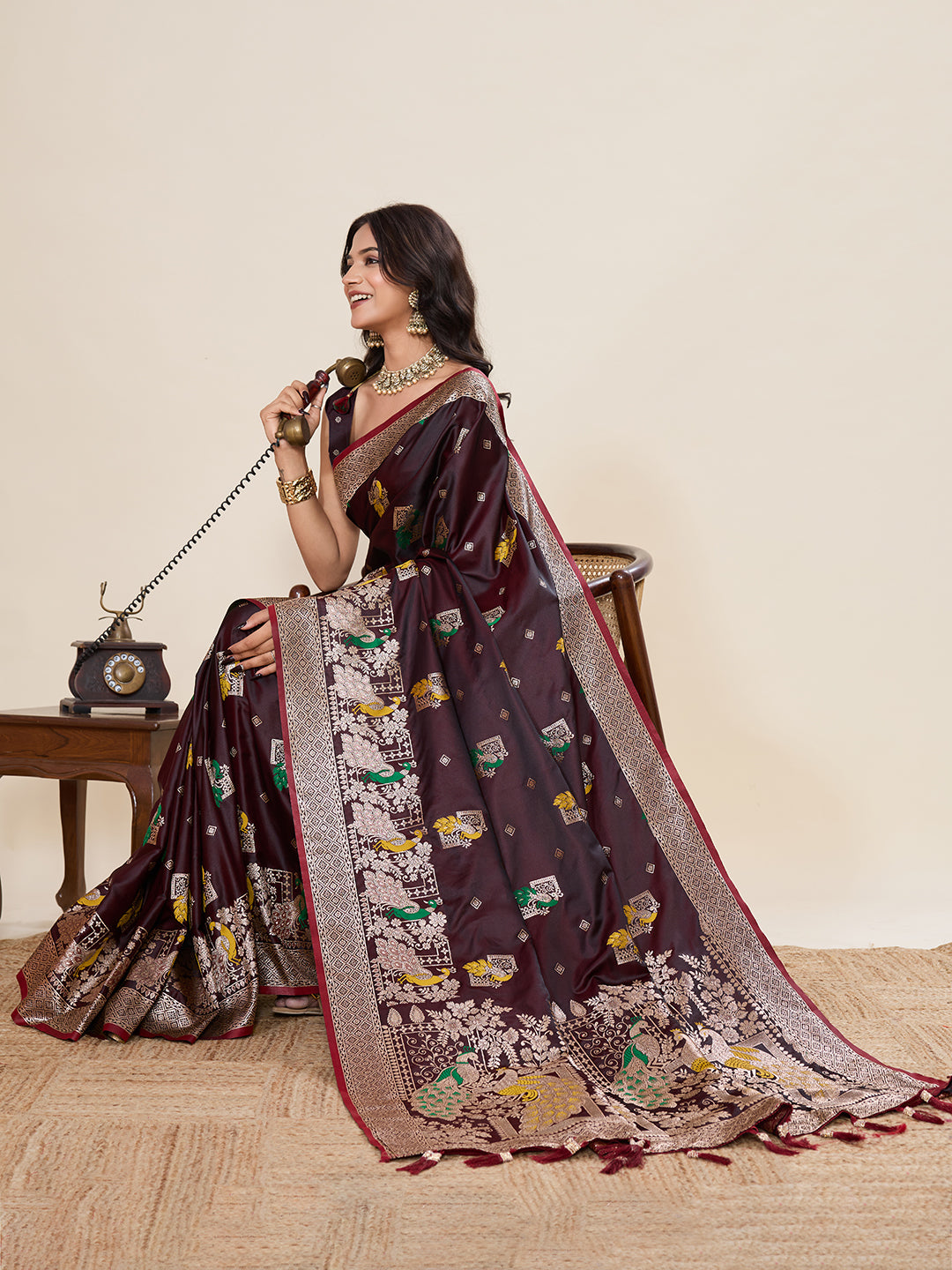 Vedant Vastram Soft Litchi Silk Banarasi Silk Jacquard Saree - Maroon | Grocsy