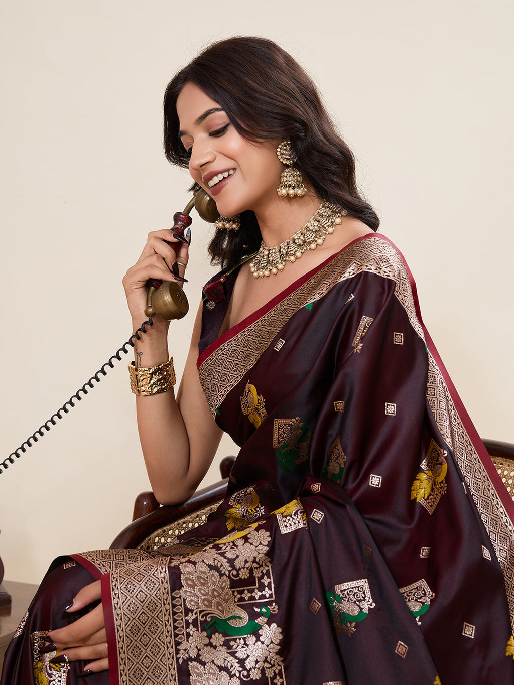 Vedant Vastram Soft Litchi Silk Banarasi Silk Jacquard Saree - Maroon | Grocsy