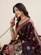 Vedant Vastram Soft Litchi Silk Banarasi Silk Jacquard Saree - Maroon | Grocsy