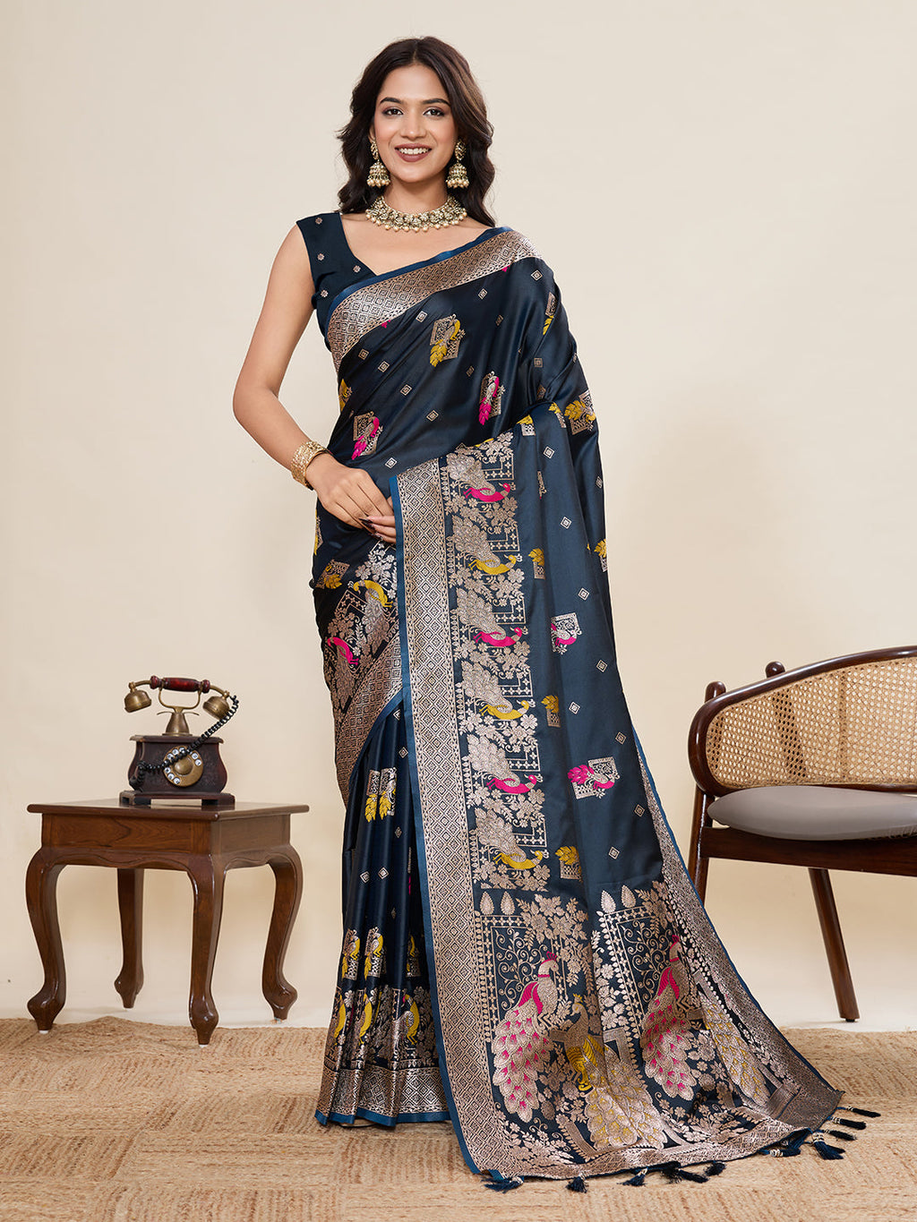 Vedant Vastram Soft Litchi Silk Banarasi Silk Jacquard Saree - Navy Blue | Grocsy
