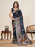 Vedant Vastram Soft Litchi Silk Banarasi Silk Jacquard Saree - Navy Blue | Grocsy