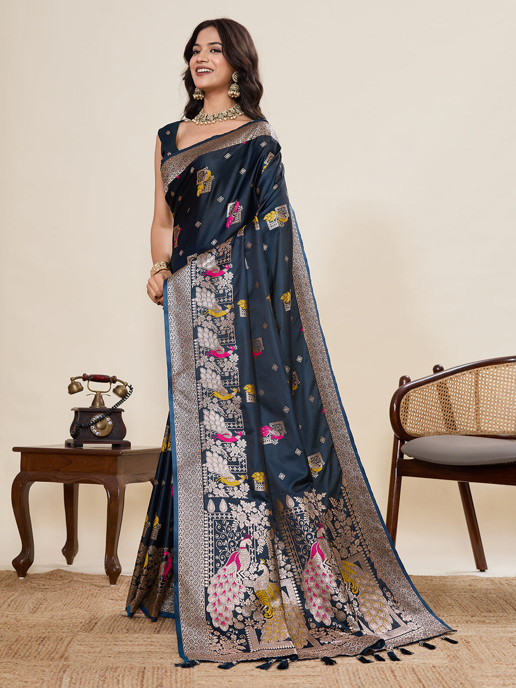 Vedant Vastram Soft Litchi Silk Banarasi Silk Jacquard Saree - Navy Blue | Grocsy