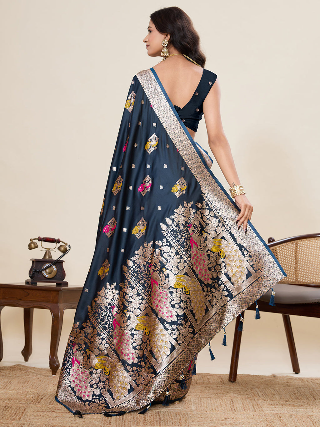 Vedant Vastram Soft Litchi Silk Banarasi Silk Jacquard Saree - Navy Blue | Grocsy