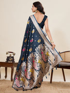 Vedant Vastram Soft Litchi Silk Banarasi Silk Jacquard Saree - Navy Blue | Grocsy
