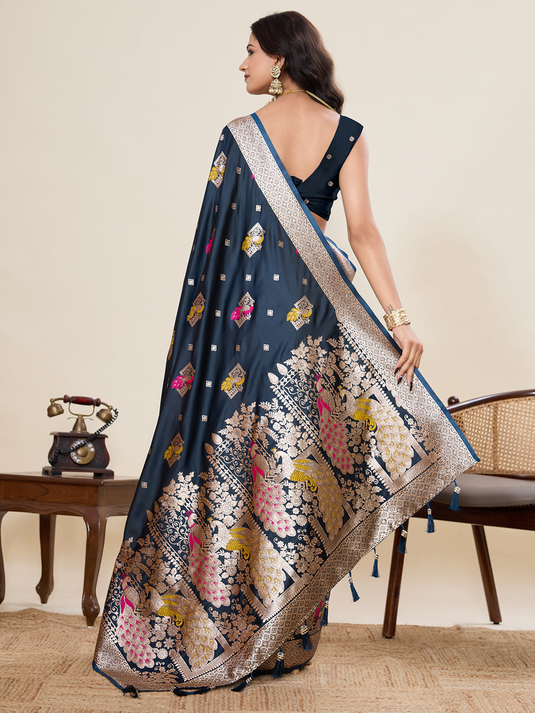 Vedant Vastram Soft Litchi Silk Banarasi Silk Jacquard Saree - Navy Blue | Grocsy