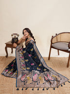 Vedant Vastram Soft Litchi Silk Banarasi Silk Jacquard Saree - Navy Blue | Grocsy