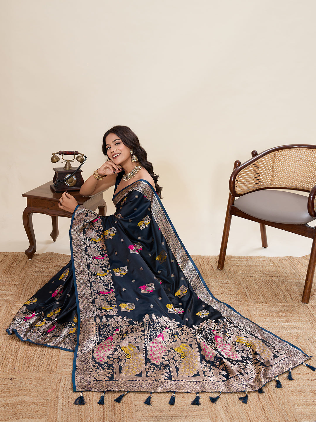 Vedant Vastram Soft Litchi Silk Banarasi Silk Jacquard Saree - Navy Blue | Grocsy