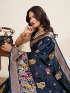 Vedant Vastram Soft Litchi Silk Banarasi Silk Jacquard Saree - Navy Blue | Grocsy