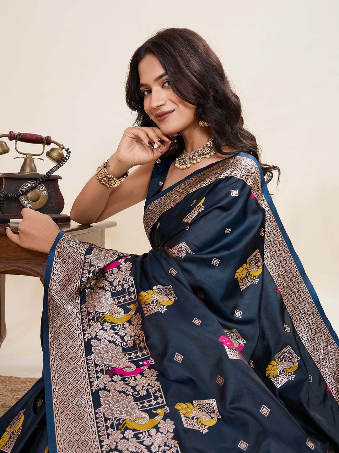 Vedant Vastram Soft Litchi Silk Banarasi Silk Jacquard Saree - Navy Blue | Grocsy