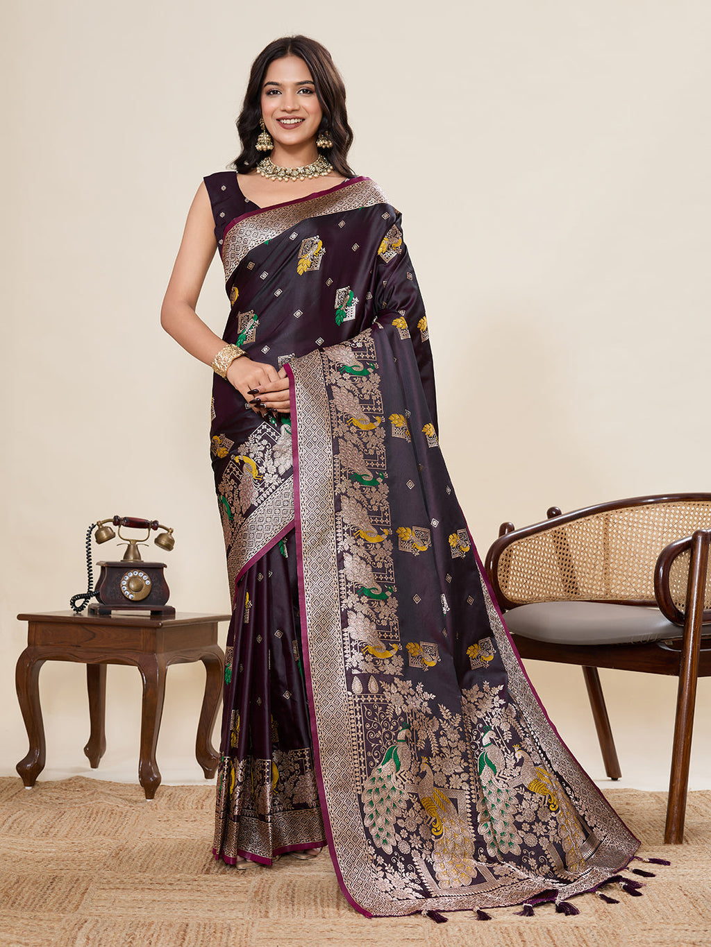 Vedant Vastram Soft Litchi Silk Banarasi Silk Jacquard Saree - Wine | Grocsy