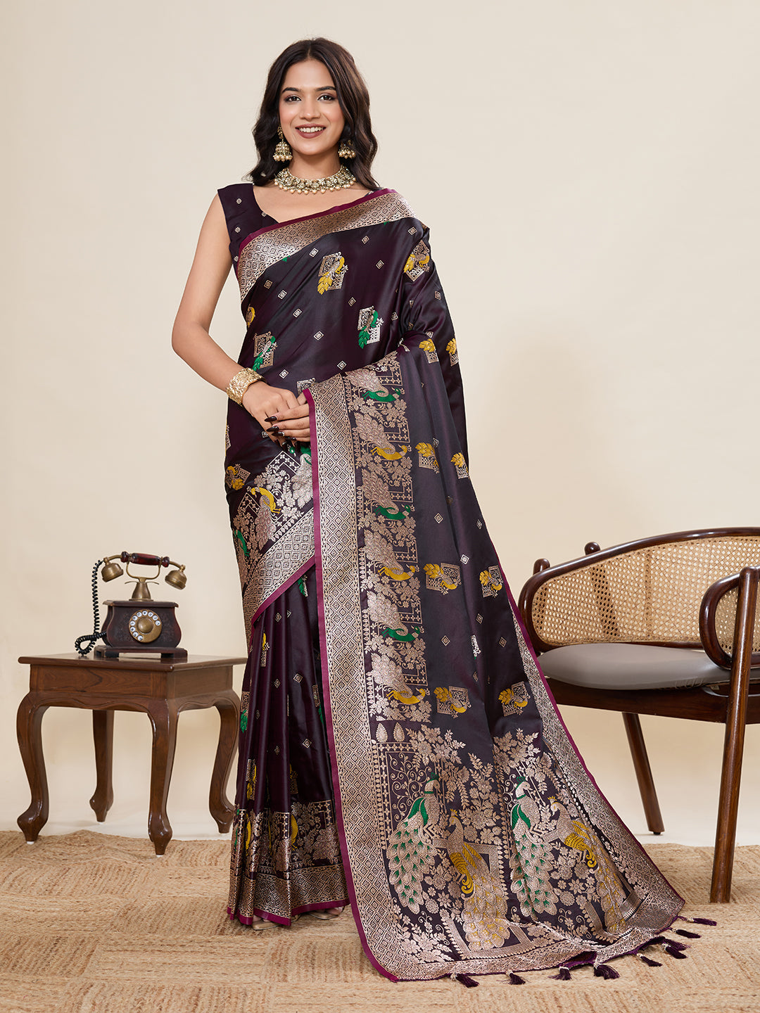 Vedant Vastram Soft Litchi Silk Banarasi Silk Jacquard Saree - Wine | Grocsy