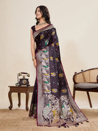 Vedant Vastram Soft Litchi Silk Banarasi Silk Jacquard Saree - Wine | Grocsy