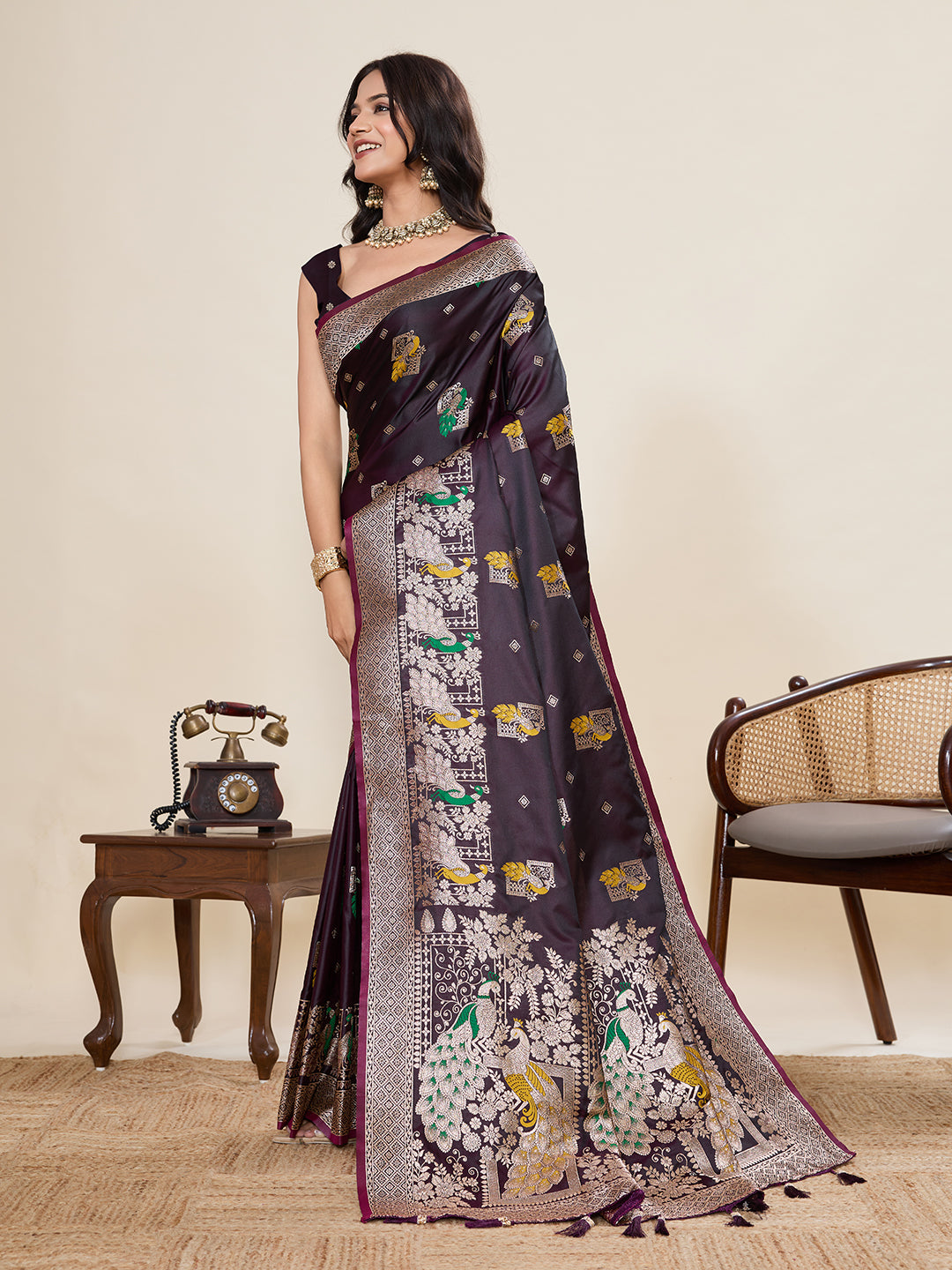 Vedant Vastram Soft Litchi Silk Banarasi Silk Jacquard Saree - Wine | Grocsy