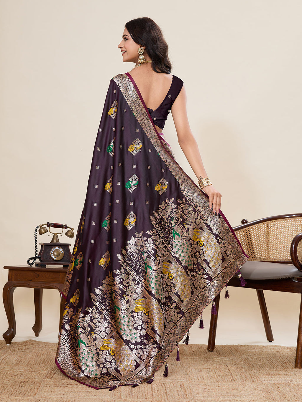 Vedant Vastram Soft Litchi Silk Banarasi Silk Jacquard Saree - Wine | Grocsy
