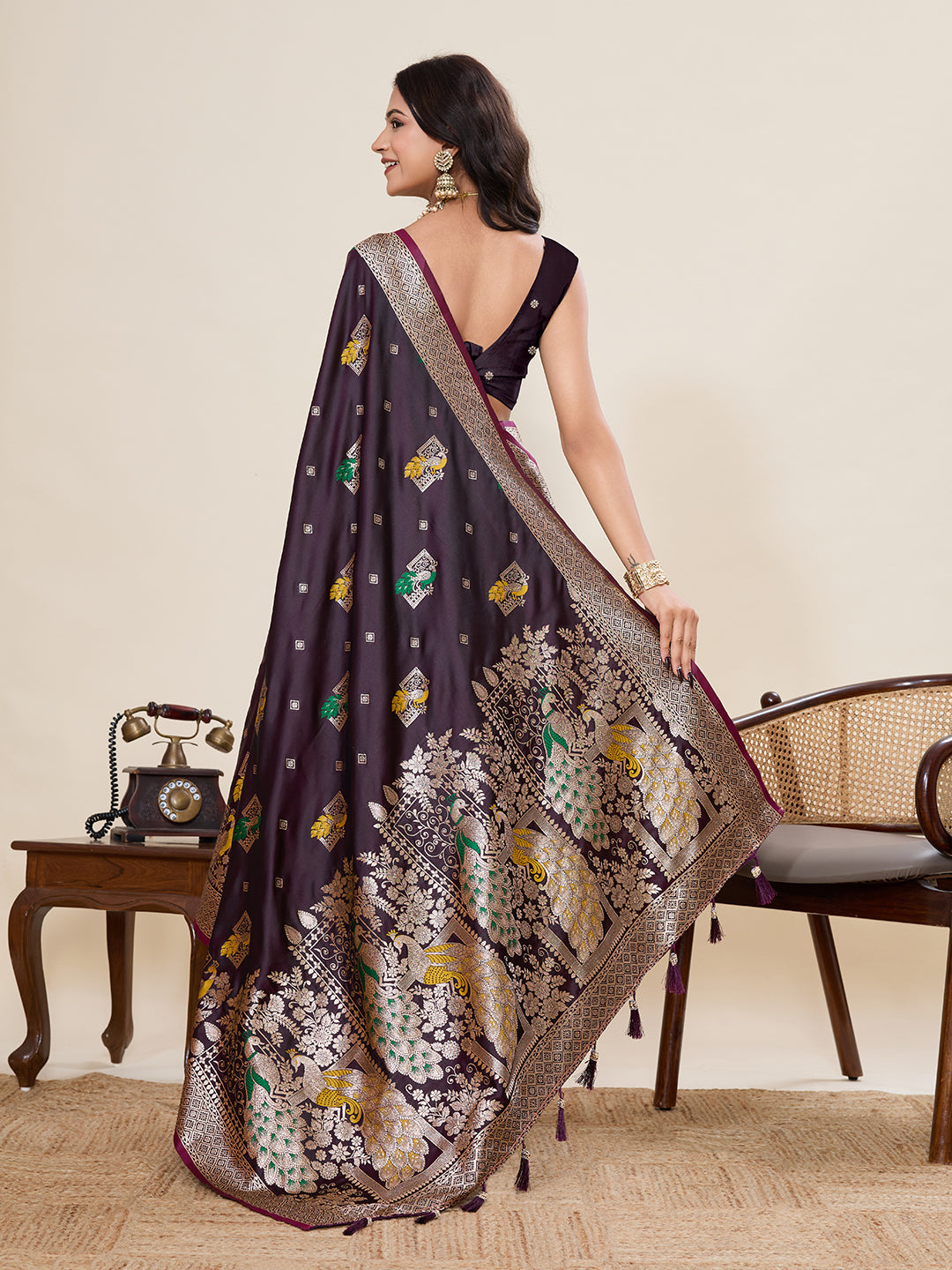 Vedant Vastram Soft Litchi Silk Banarasi Silk Jacquard Saree - Wine | Grocsy