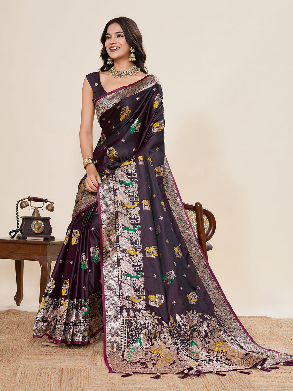 Vedant Vastram Soft Litchi Silk Banarasi Silk Jacquard Saree - Wine | Grocsy