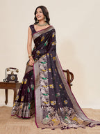 Vedant Vastram Soft Litchi Silk Banarasi Silk Jacquard Saree - Wine | Grocsy