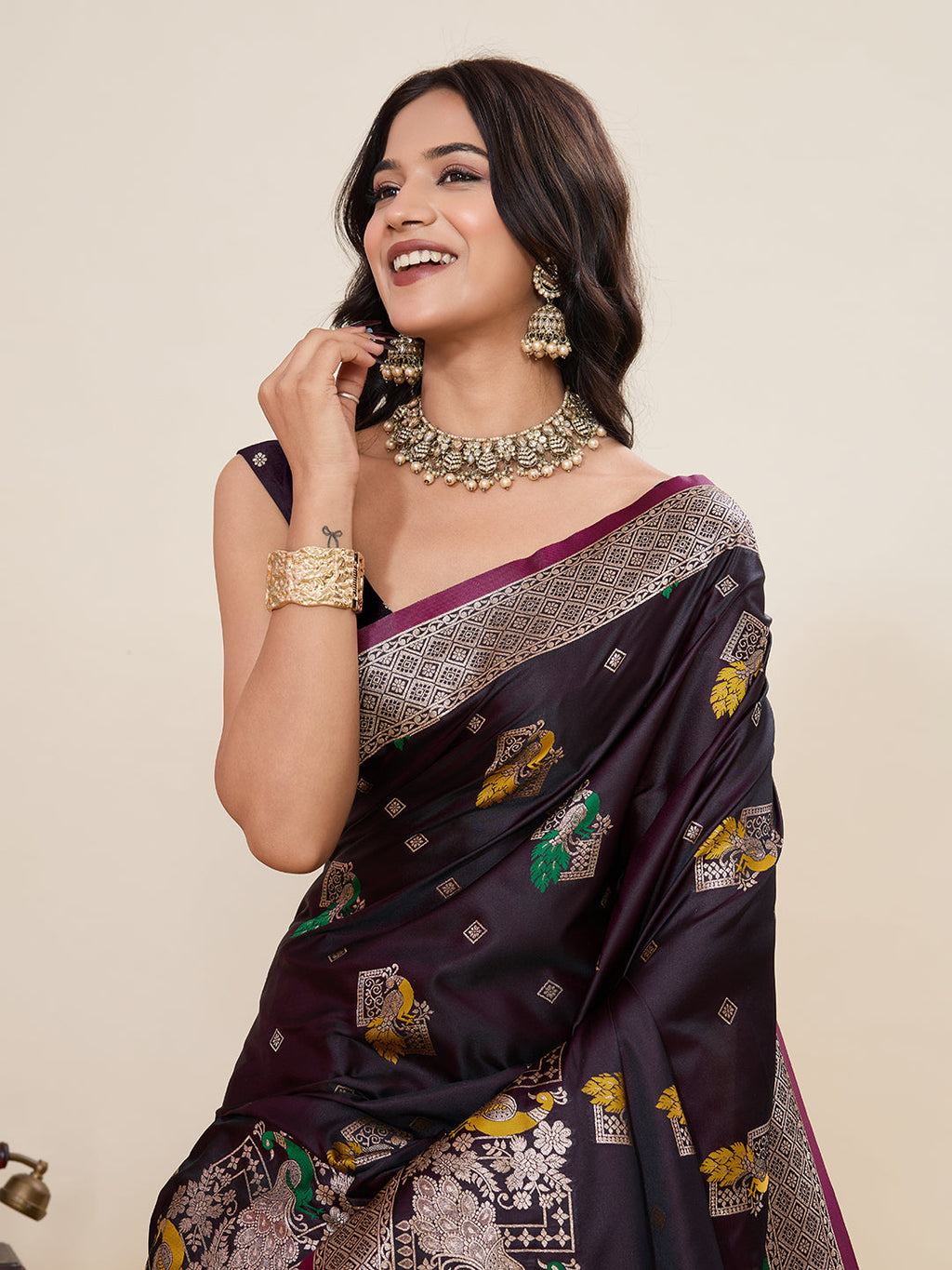 Vedant Vastram Soft Litchi Silk Banarasi Silk Jacquard Saree - Wine | Grocsy