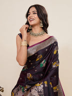 Vedant Vastram Soft Litchi Silk Banarasi Silk Jacquard Saree - Wine | Grocsy