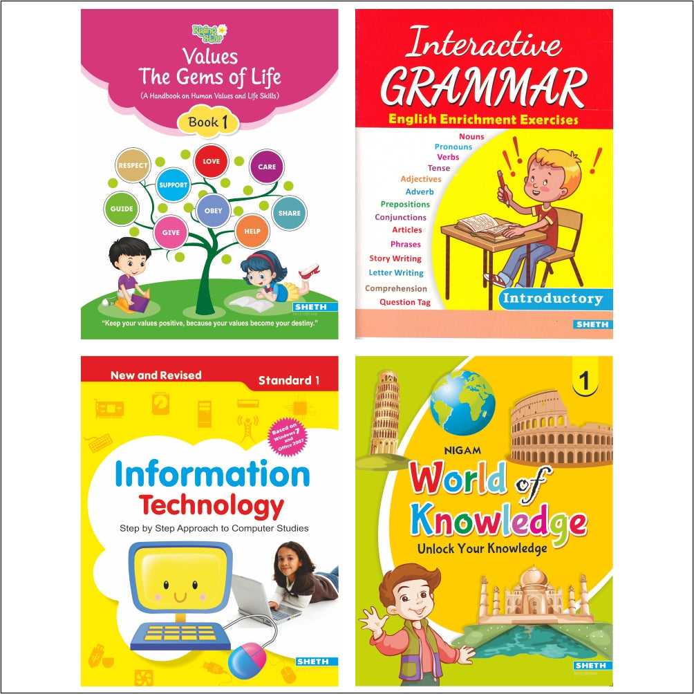 Self Enhancement Student Workbooks Grade 1| Set of 4| Computer,Grammar,World of Knowledge,Value Education| Ages 6-7 Year | Grocsy