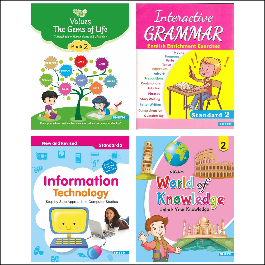 Self Enhancement Student Workbooks Grade 2| Set of 4|Computer|Grammar|World of Knowledge-Value Education| Ages 7-8 Year | Grocsy