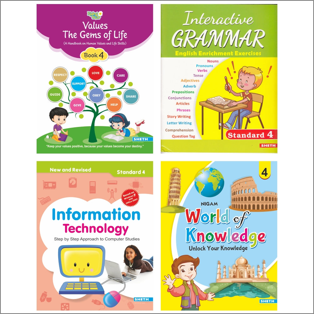 Self Enhancement Student Workbooks Grade 4| Set of 4|Computer-Grammar-World of Knowledge-Value Education| Ages 9-10 Year | Grocsy