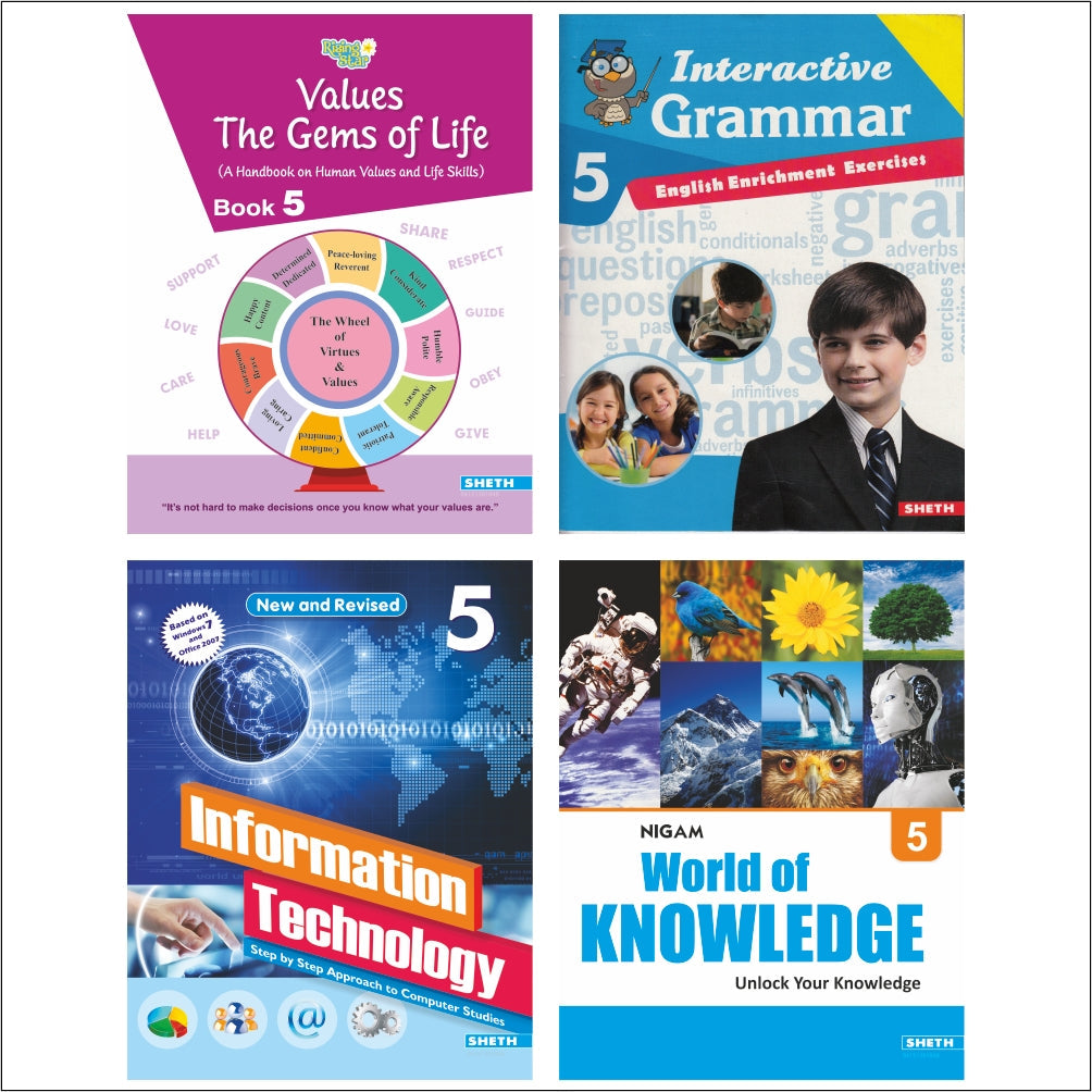 Self Enhancement Student Workbooks Grade 5| Set of 4|Computer-Grammar-World of Knowledge-Value Education|Ages 10-11 Year | Grocsy
