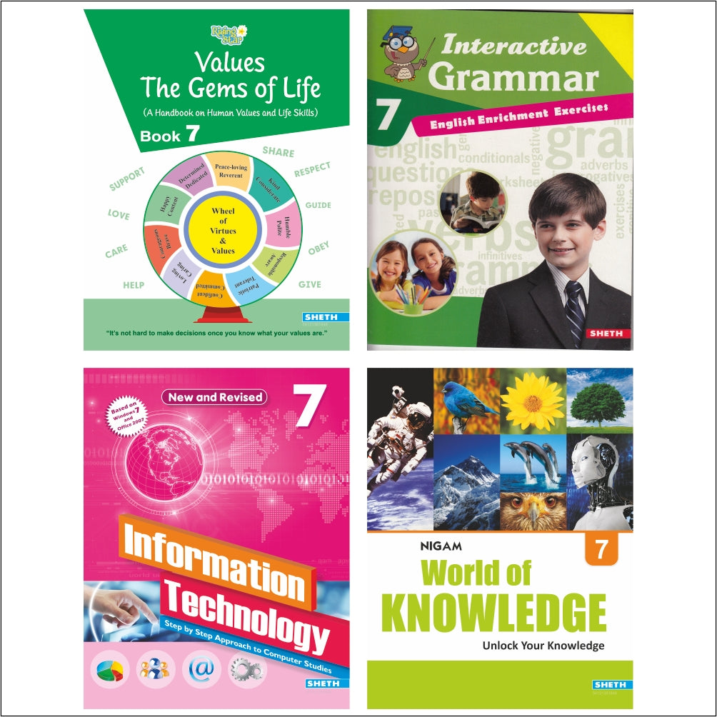 Self Enhancement Student Workbooks Grade 7| Set of 4|Computer-Grammar-World of Knowledge-Value Education|Ages 12-13 Year | Grocsy