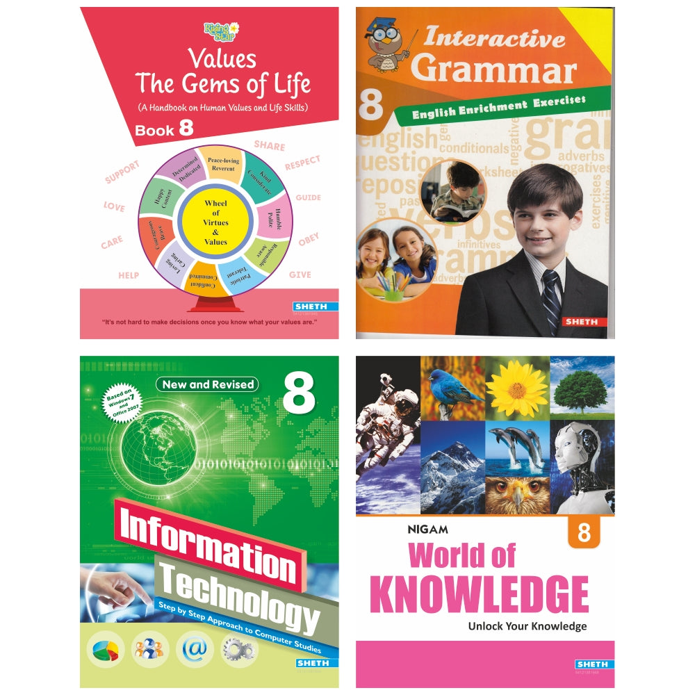 Self Enhancement Student Workbooks Grade 8| Set of 4|Computer-Grammar-World of Knowledge-Value Education|Ages 13-14 Year | Grocsy