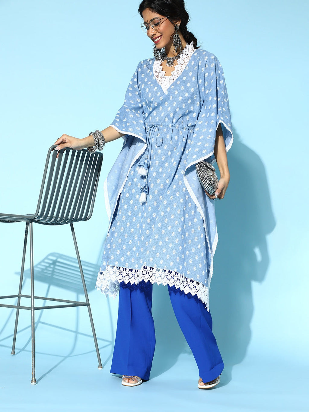 Yufta Stunning Blue Printed Kaftan Kurta | Grocsy