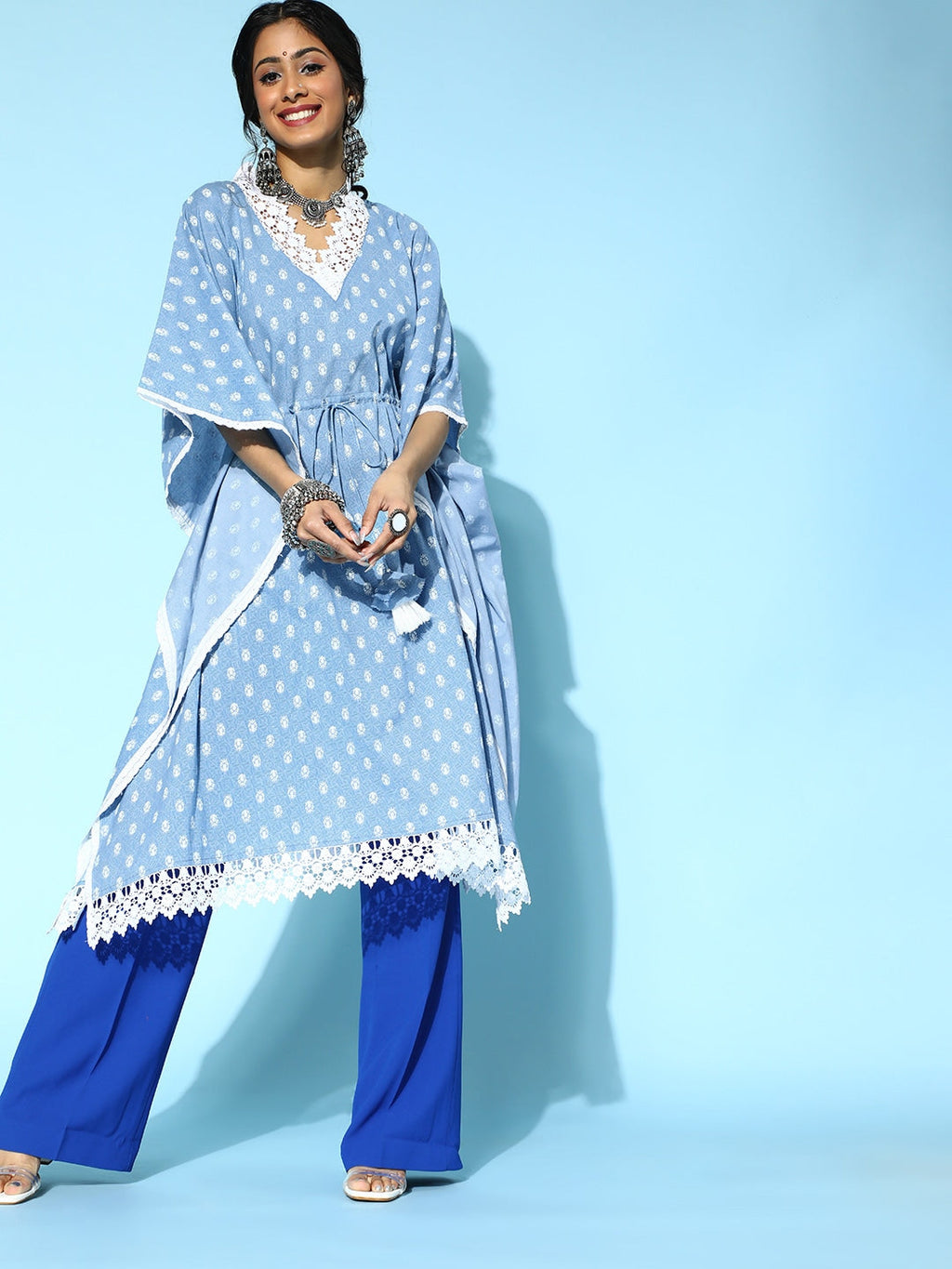 Yufta Stunning Blue Printed Kaftan Kurta | Grocsy