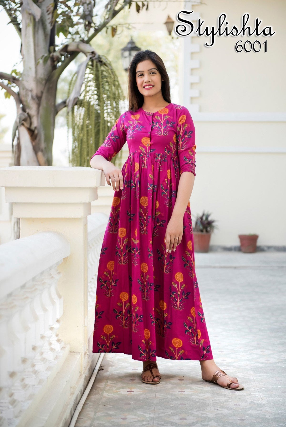 Designer Partywear Printed Pink Pure Maslin Gown - Anbazaar | Grocsy