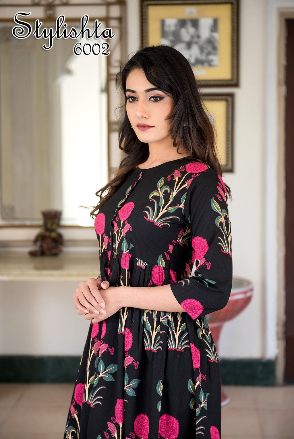 Designer Partywear Printed Black Pure Maslin Gown - Anbazaar | Grocsy
