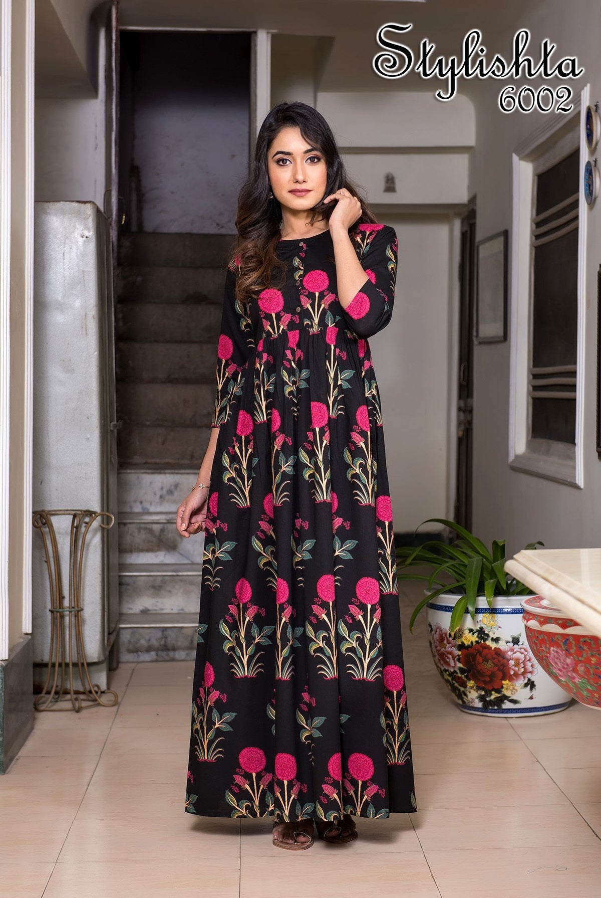 Designer Partywear Printed Black Pure Maslin Gown - Anbazaar | Grocsy