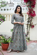 Designer Partywear Printed Light Cyan Pure Maslin Gown - Anbazaar | Grocsy