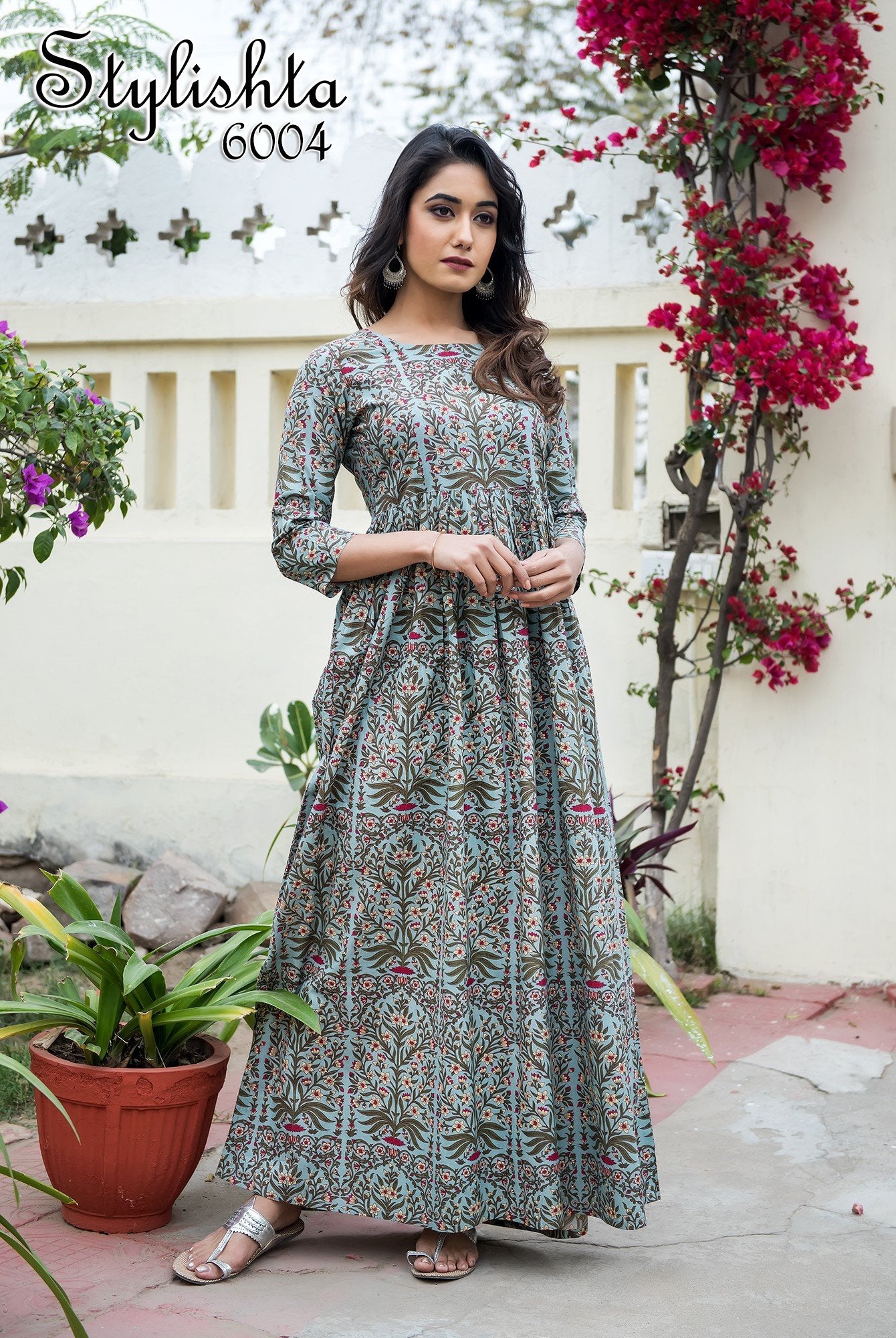 Designer Partywear Printed Light Cyan Pure Maslin Gown - Anbazaar | Grocsy